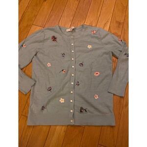 Loft women’s blue embroidered floral button down fitted spring cardigan sz small